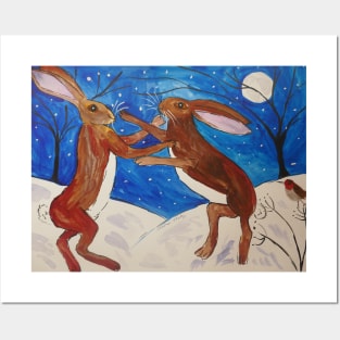 Hares Boxing and a Sweet little Robin Posters and Art